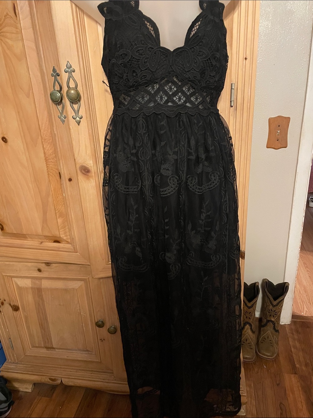 Black Lace Maxi Dress with Crochet Waist